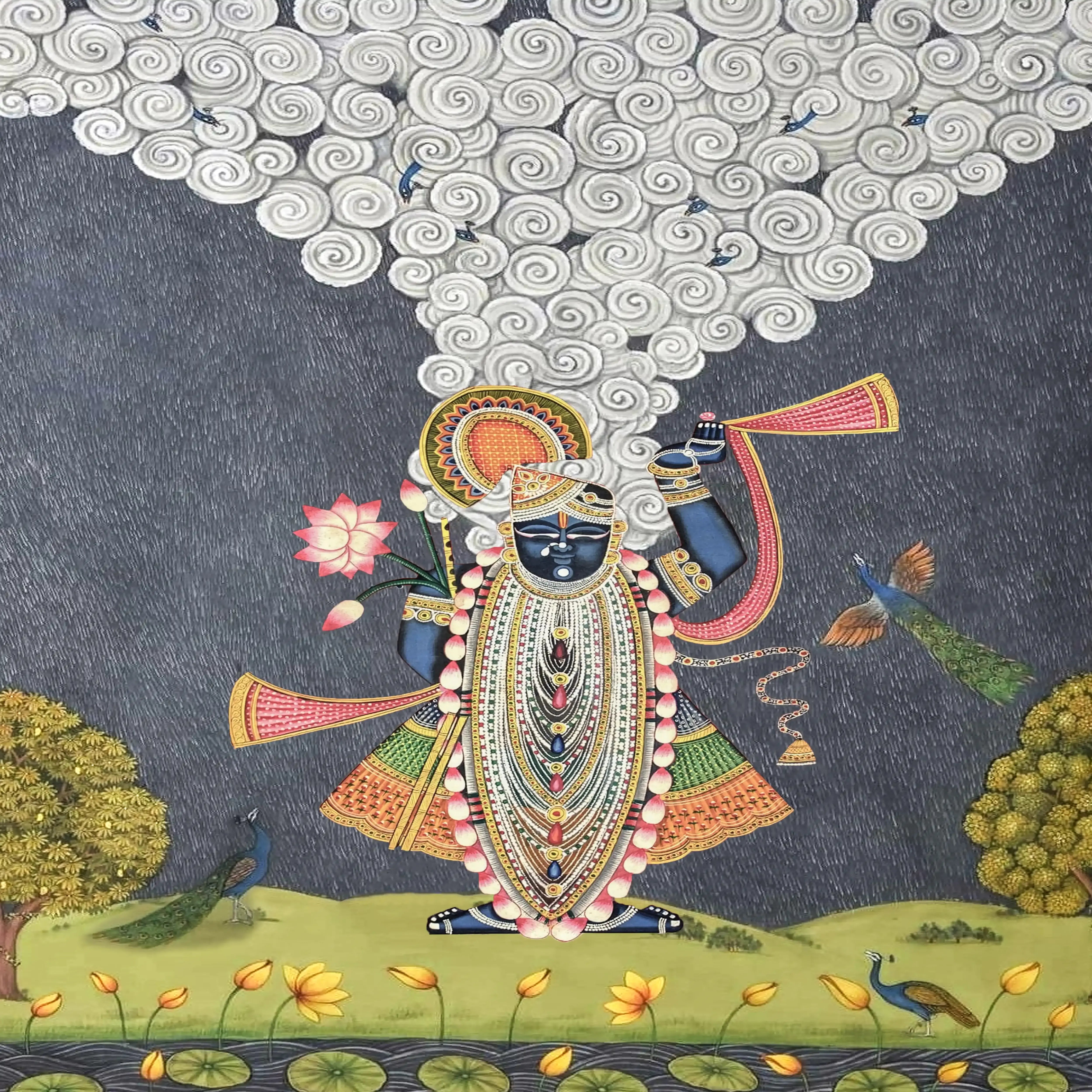 Colorful depiction of a deity with intricate designs, surrounded by nature elements on a dark background.