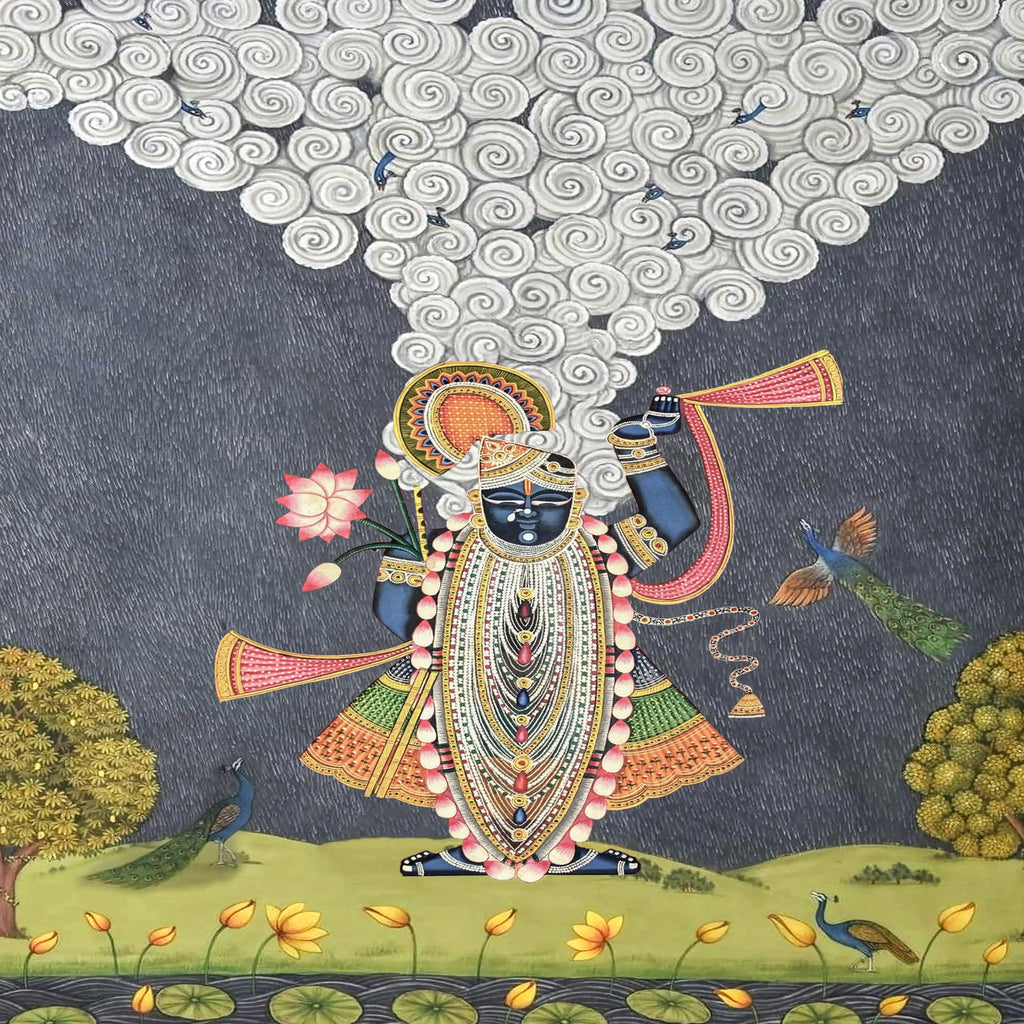Colorful depiction of a deity with intricate designs, surrounded by nature elements on a dark background.