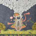Colorful depiction of a deity with intricate designs, surrounded by nature elements on a dark background.
