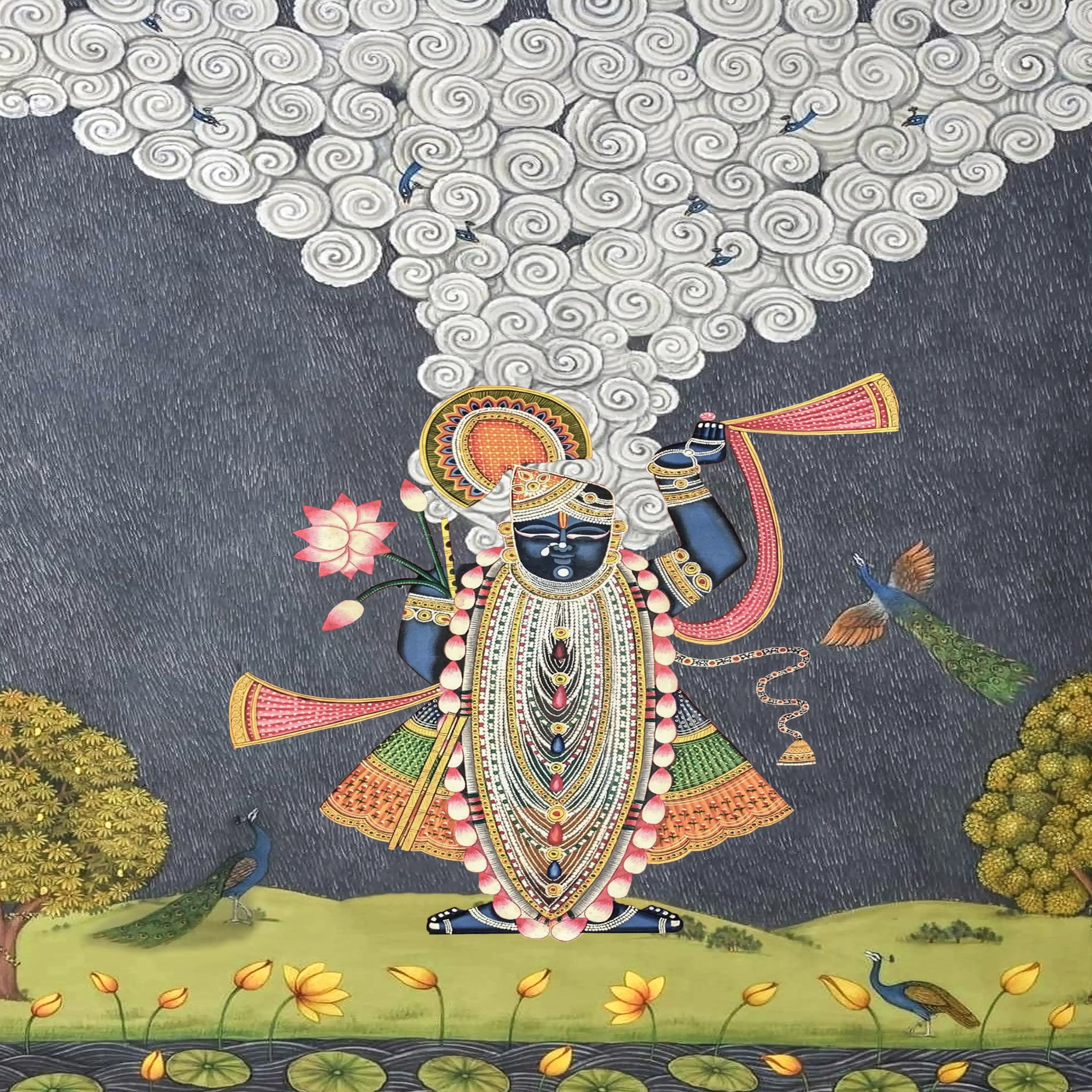 Colorful depiction of a deity with intricate designs, surrounded by nature elements on a dark background.