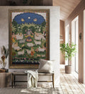 Decorative tapestry with a pastoral scene in a modern living room.