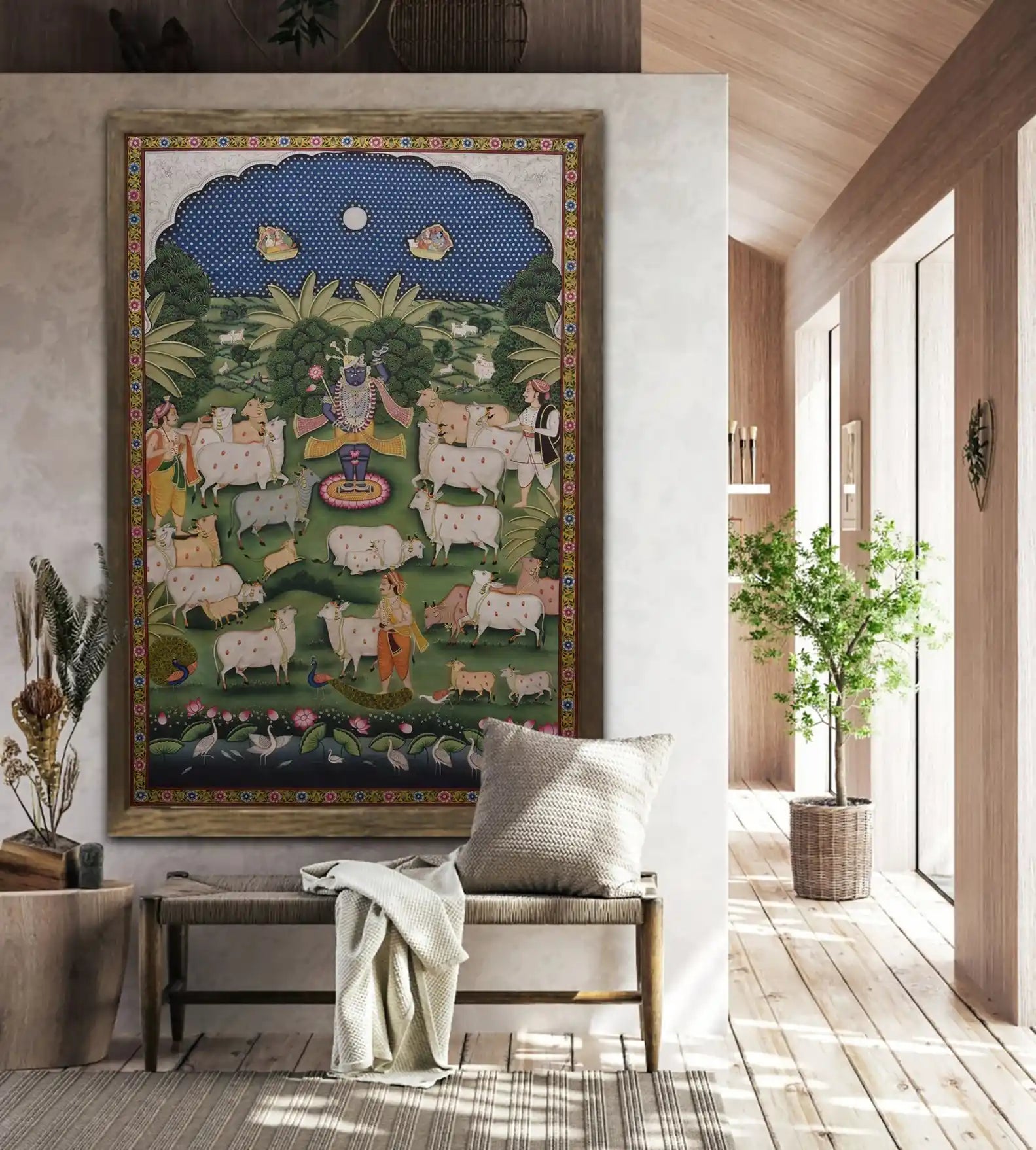 Decorative tapestry with a pastoral scene in a modern living room.