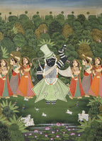 Colorful illustration of a central figure in traditional attire surrounded by women in a garden setting.