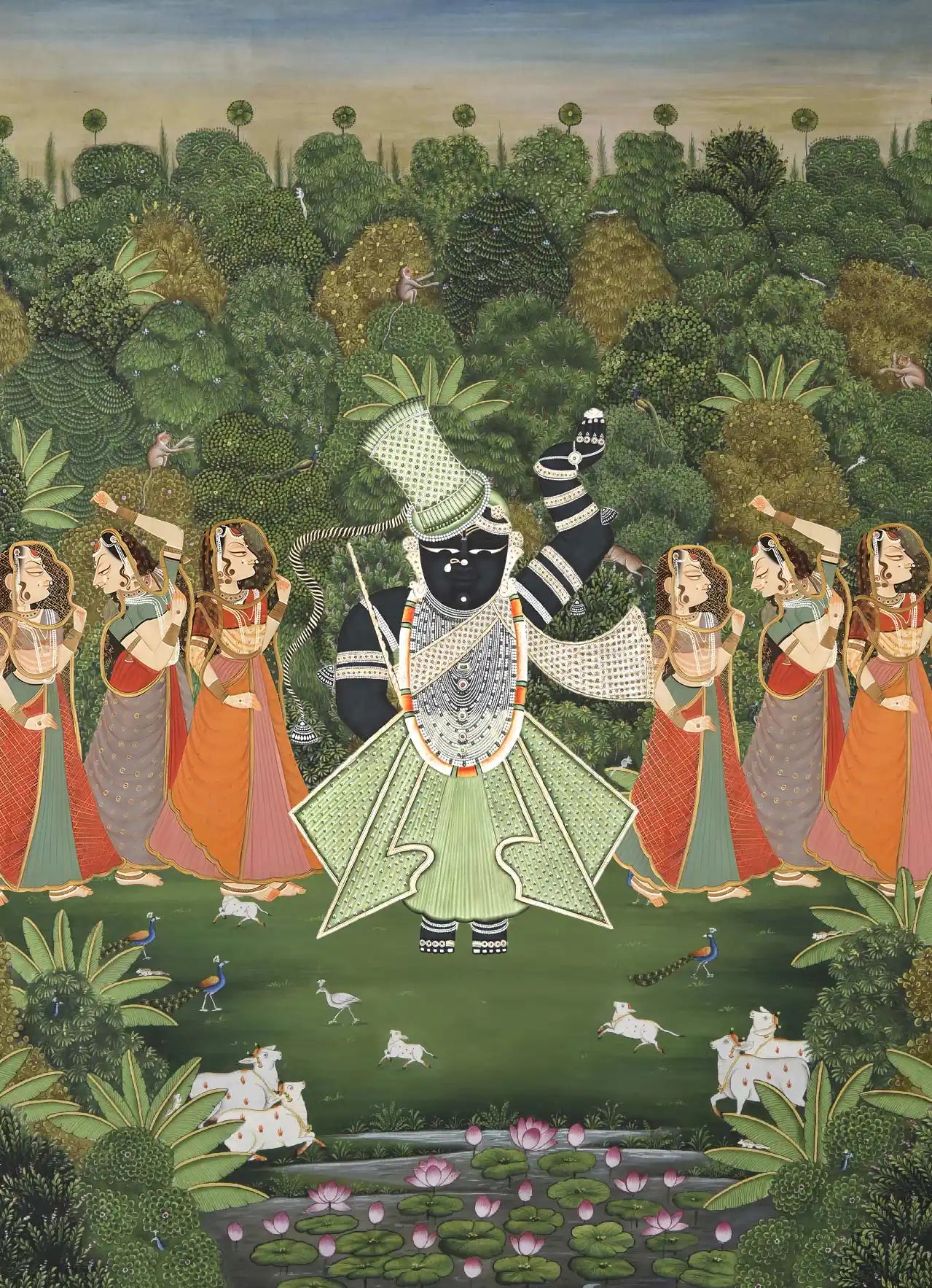 Colorful illustration of a central figure in traditional attire surrounded by women in a garden setting.