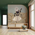 Decorative wall art in a modern living room with green walls and wooden floor.