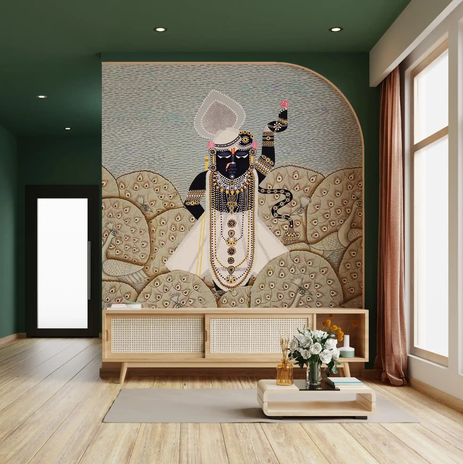 Decorative wall art in a modern living room with green walls and wooden floor.