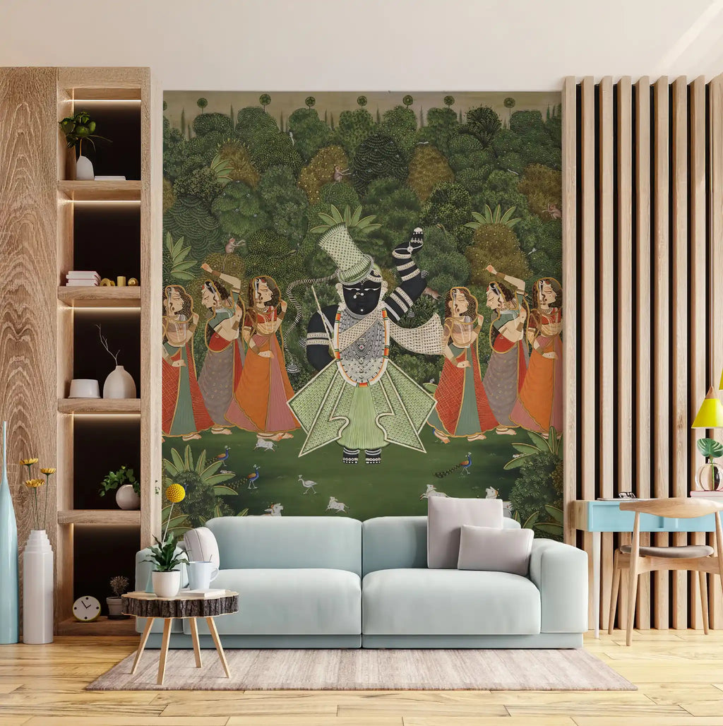 Living room with a large wall tapestry featuring a central figure and surrounding figures against a green forest background.