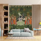 Living room with a large wall tapestry featuring a central figure and surrounding figures against a green forest background.