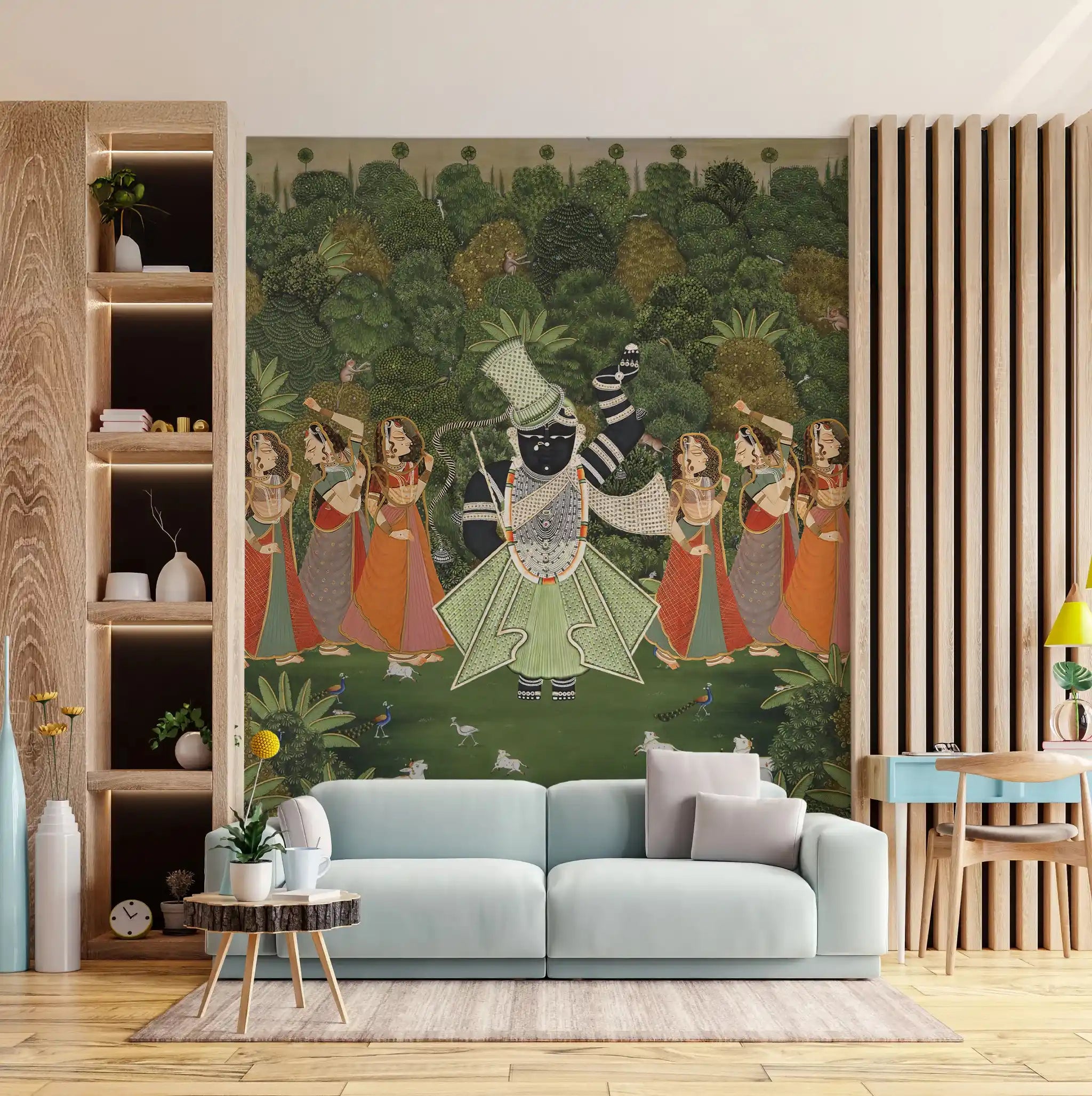 Living room with a large wall tapestry featuring a central figure and surrounding figures against a green forest background.