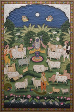 Decorative painting of a central figure with animals and birds, framed with intricate patterns.