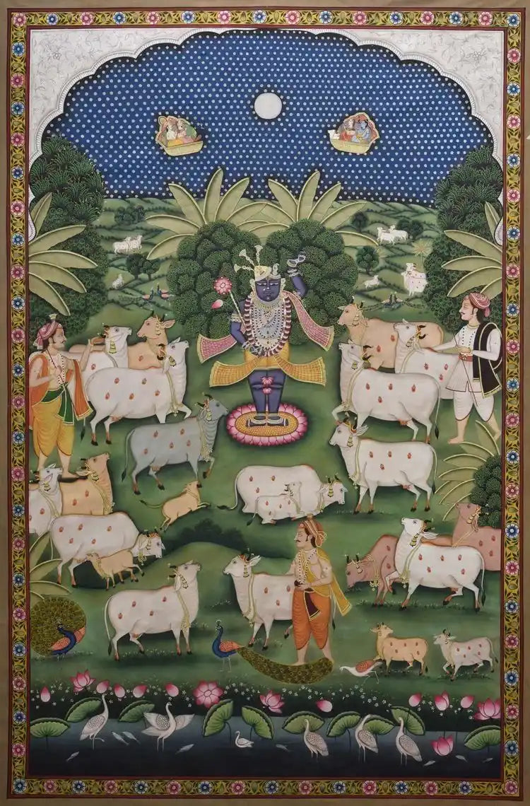 Decorative painting of a central figure with animals and birds, framed with intricate patterns.