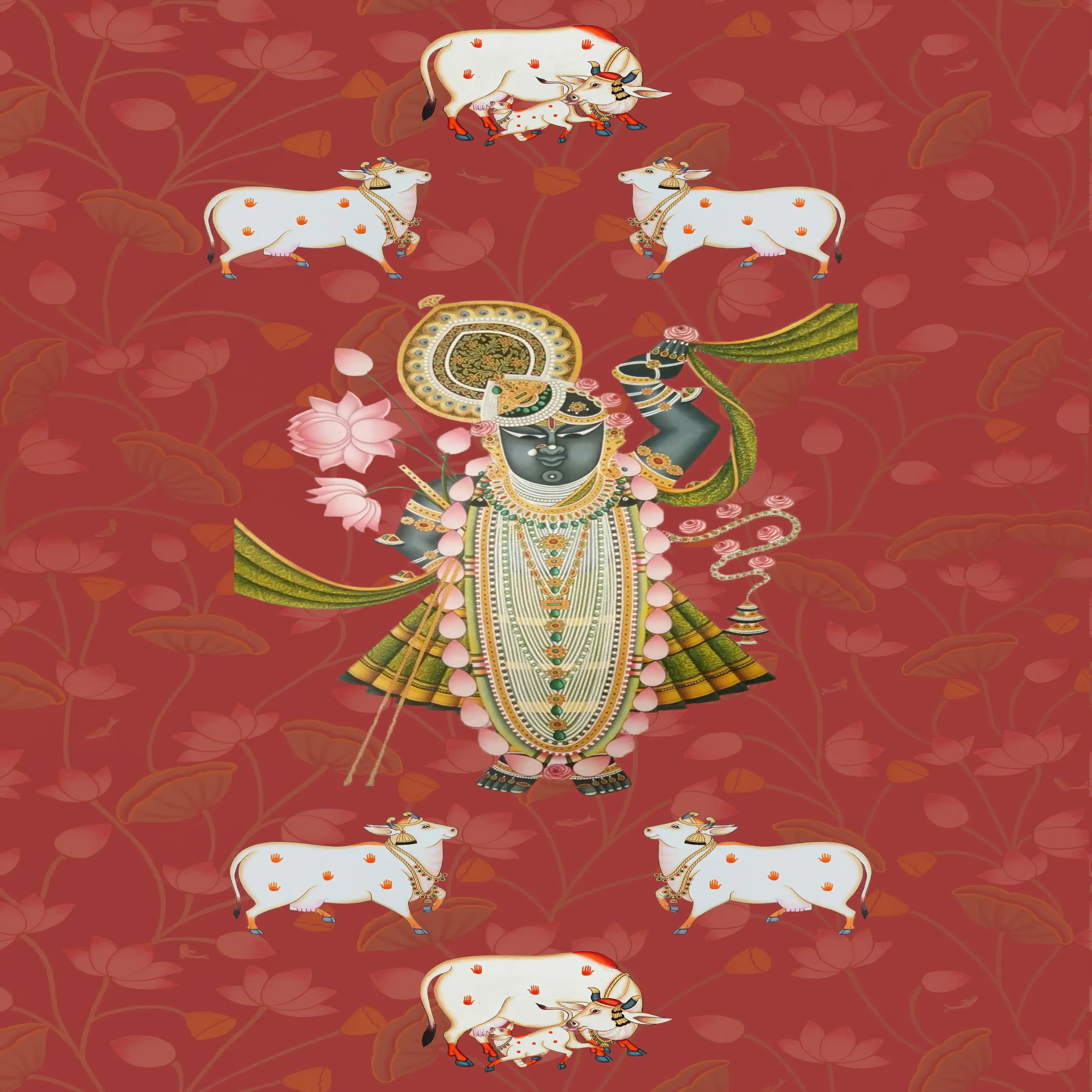 Decorative design with a central figure and cows on a red background