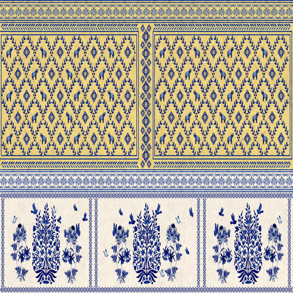 Decorative pattern with blue and yellow design elements on a white background