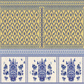 Decorative pattern with blue and yellow design elements on a white background