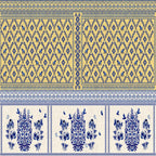 Decorative pattern with blue and yellow design elements on a white background