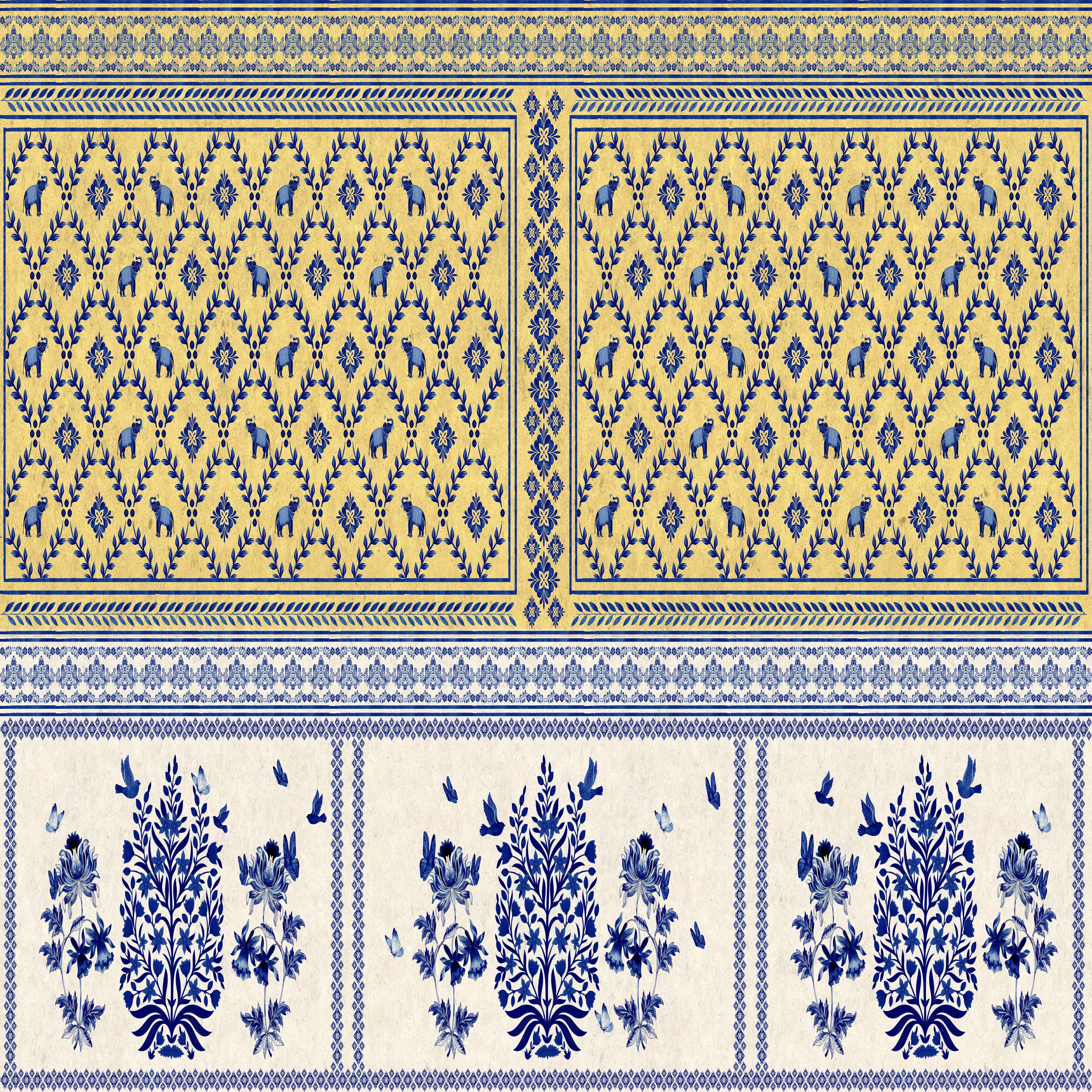 Decorative pattern with blue and yellow design elements on a white background
