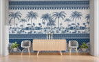 Room interior with a decorative wall mural featuring palm trees and geometric patterns.