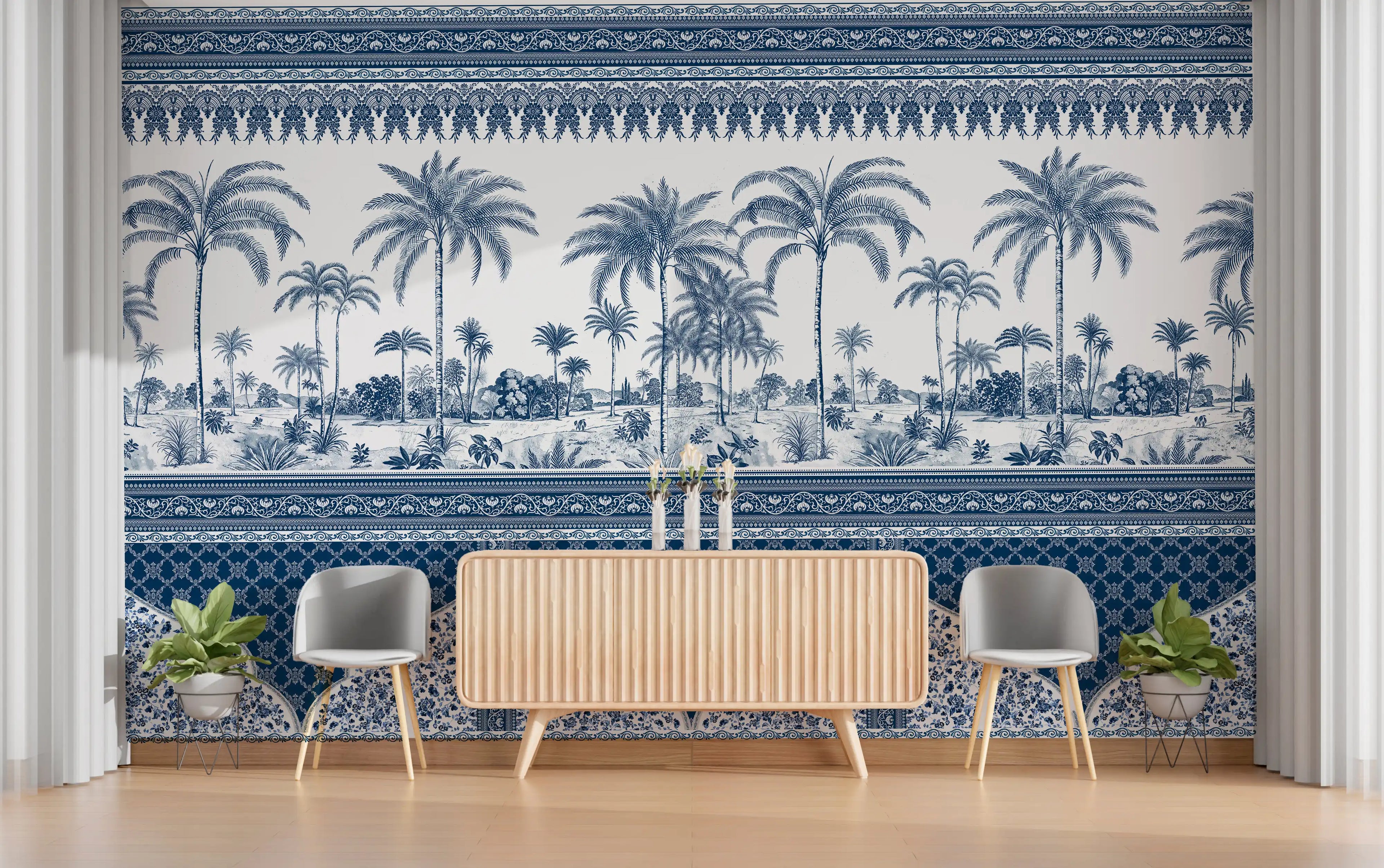 Room interior with a decorative wall mural featuring palm trees and geometric patterns.