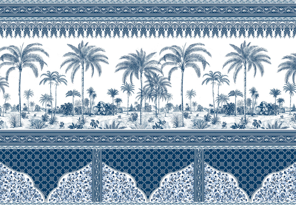 Decorative border with palm trees and intricate patterns in blue and white.