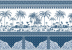 Decorative border with palm trees and intricate patterns in blue and white.
