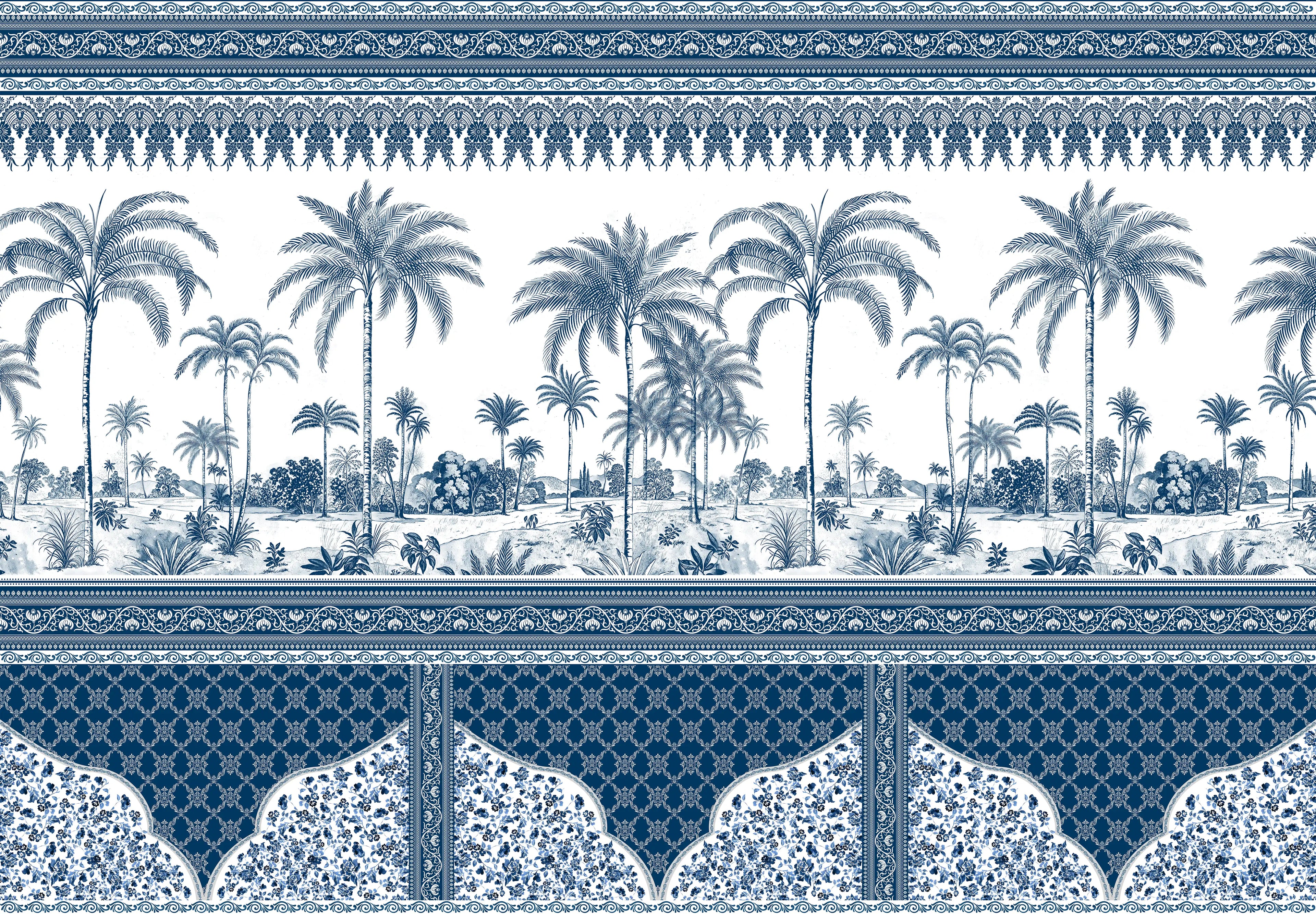 Decorative border with palm trees and intricate patterns in blue and white.