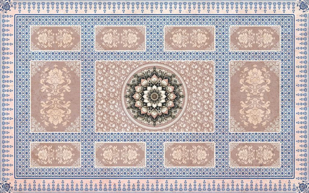 Decorative rug with central floral design and border patterns