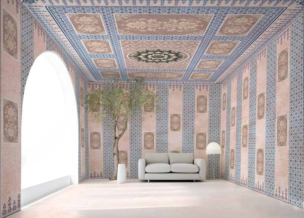 Decorative interior with patterned walls and ceiling, featuring a sofa and lamp.