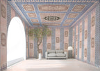 Decorative interior with patterned walls and ceiling, featuring a sofa and lamp.