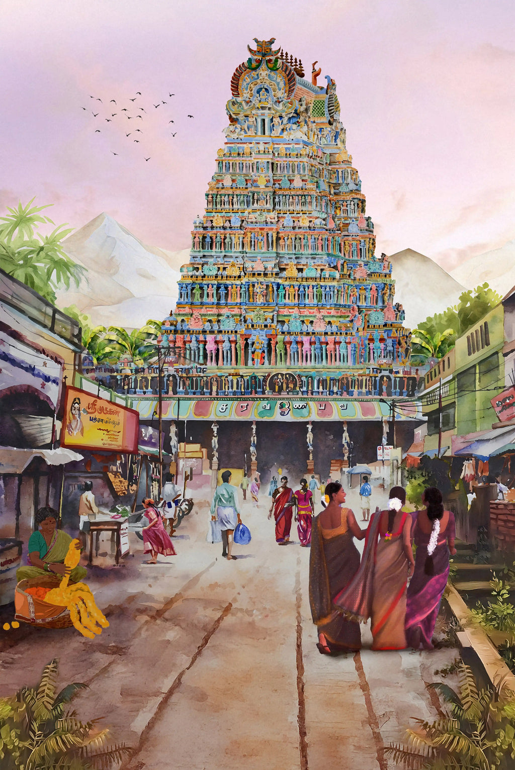 Colorful temple with people around it in a street setting