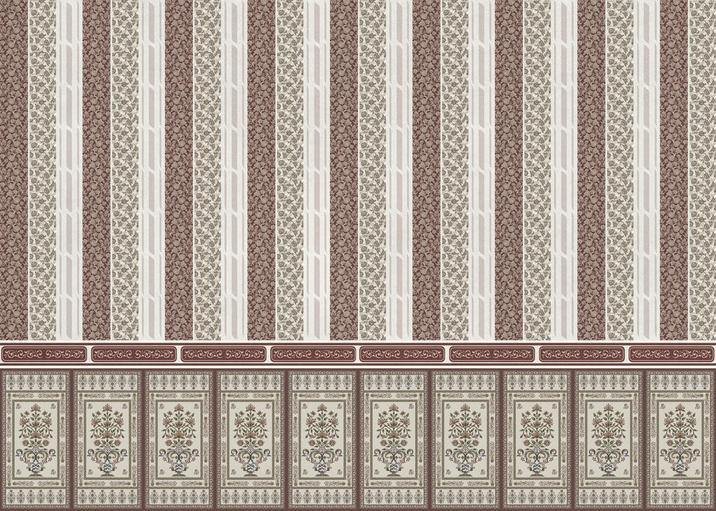 Patterned wallpaper with vertical stripes and decorative borders