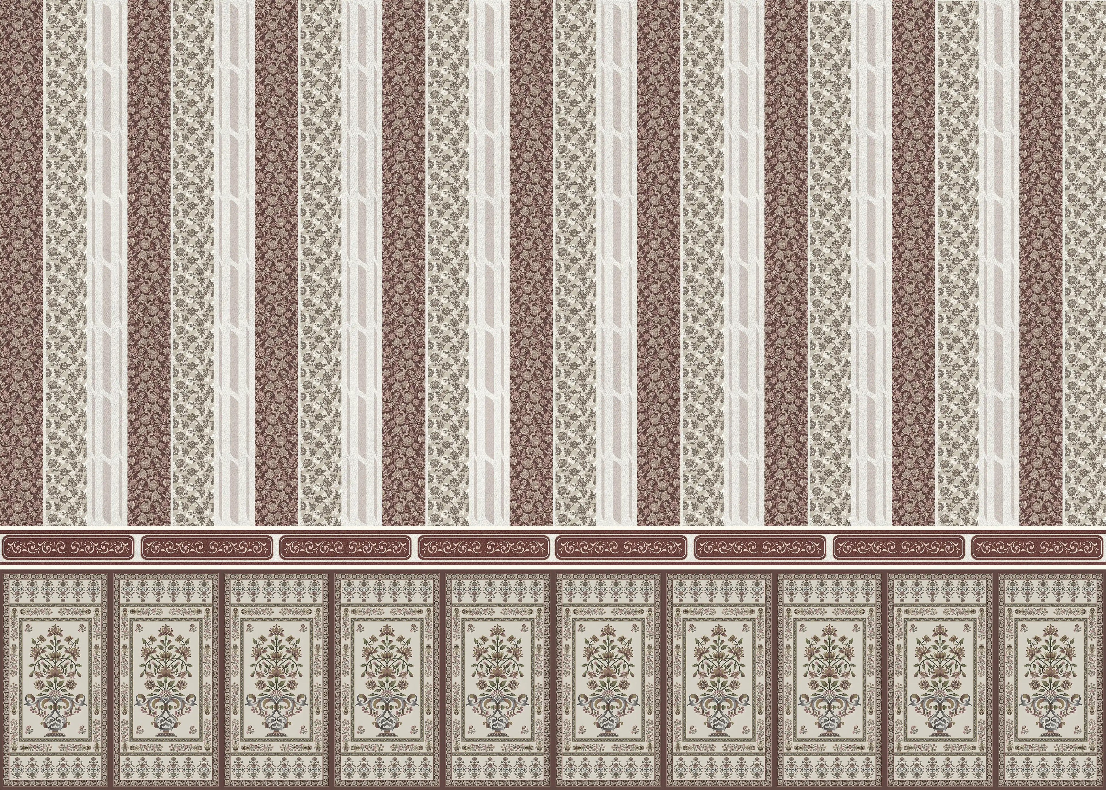 Patterned wallpaper with vertical stripes and decorative borders