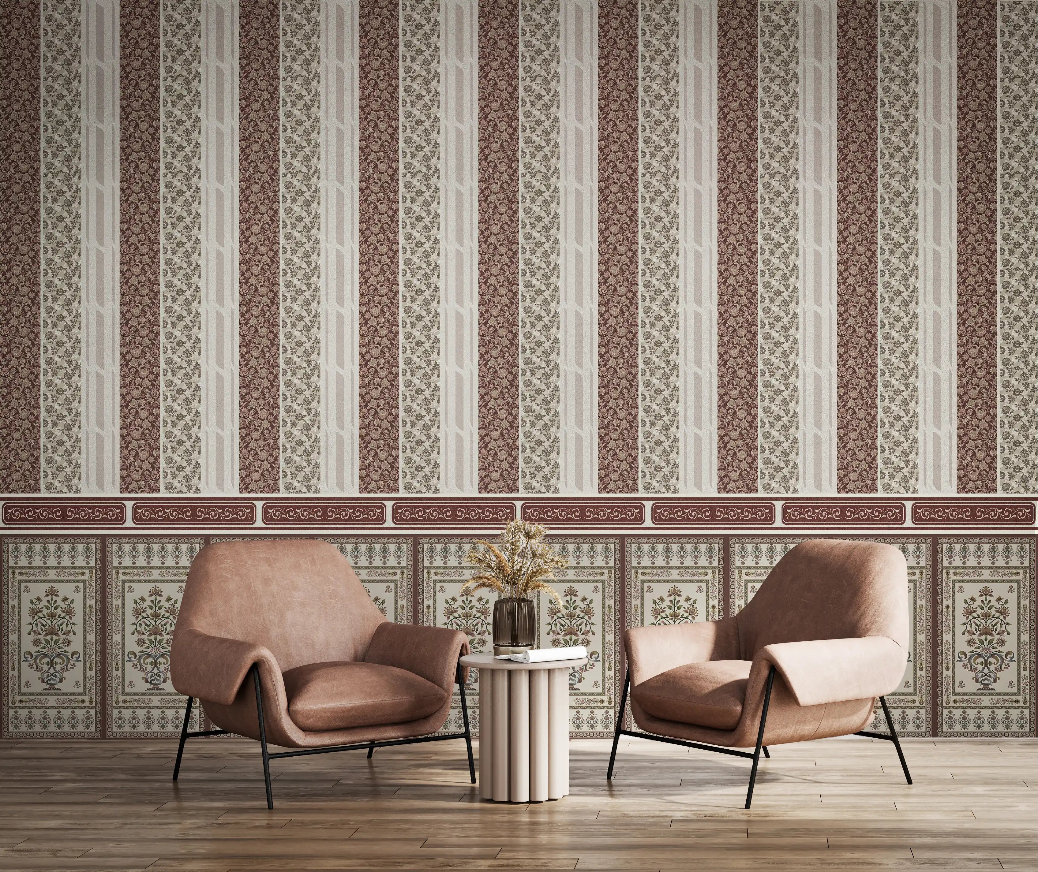 Two brown armchairs with a small round table against a decorative wall with vertical stripes and geometric patterns.