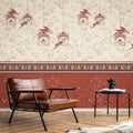 Brown leather chair in a room with decorative wallpaper featuring birdcages.