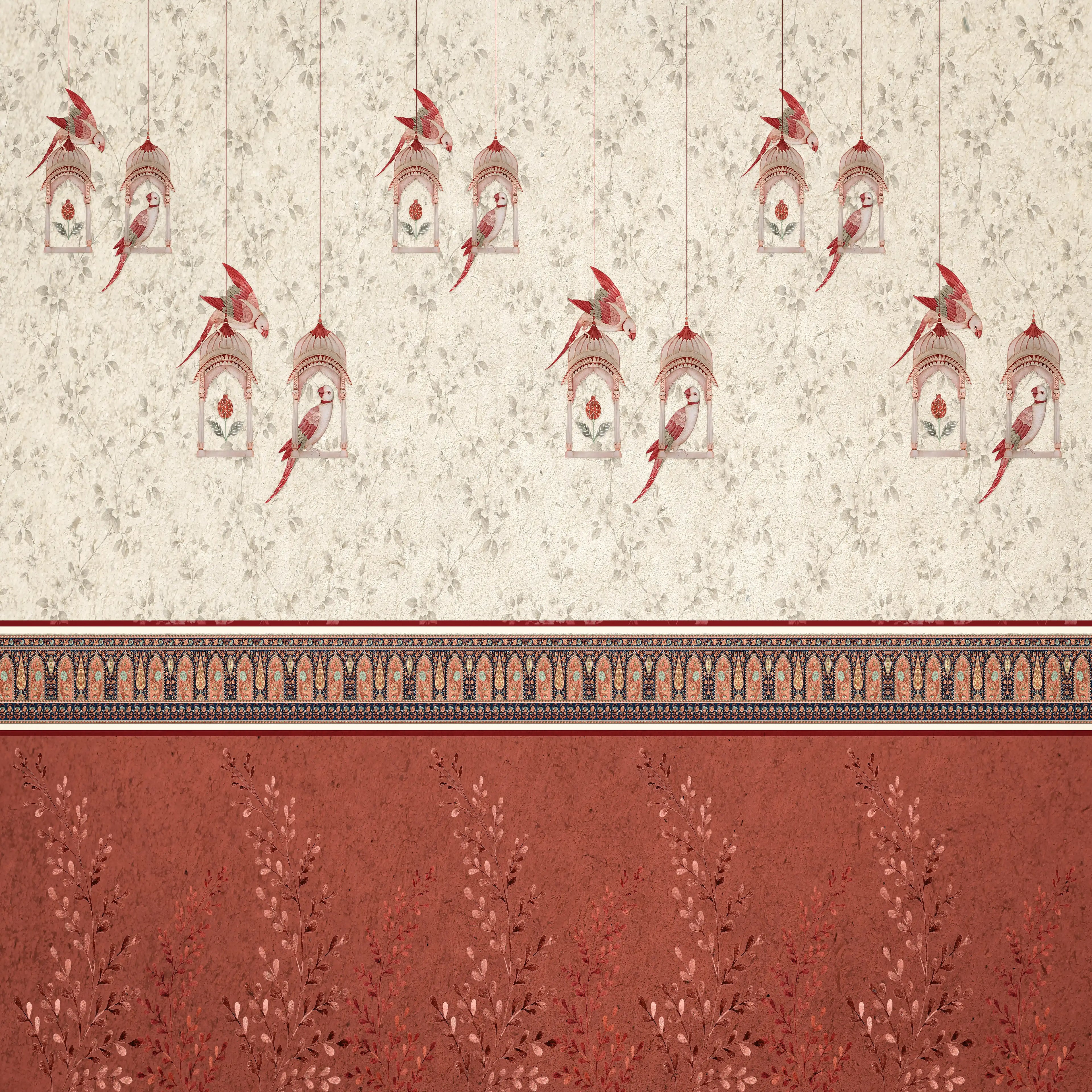 Decorative wallpaper with bird and cage pattern on a beige background