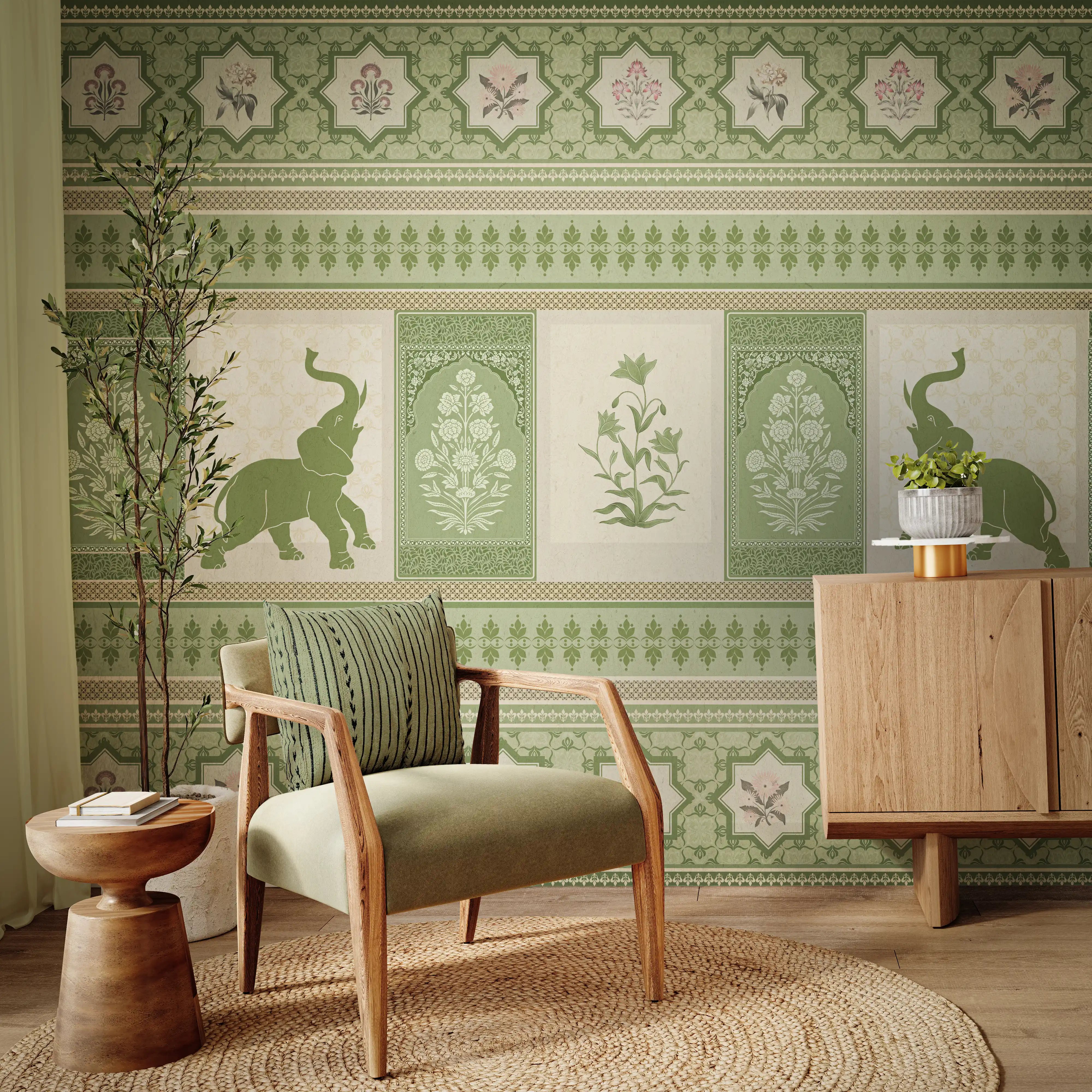 Living room with green patterned wallpaper, armchair, and wooden cabinet.