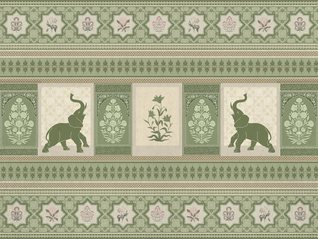 Decorative pattern with elephants, flowers, and geometric shapes on a green and beige background.