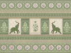 Decorative pattern with elephants, flowers, and geometric shapes on a green and beige background.