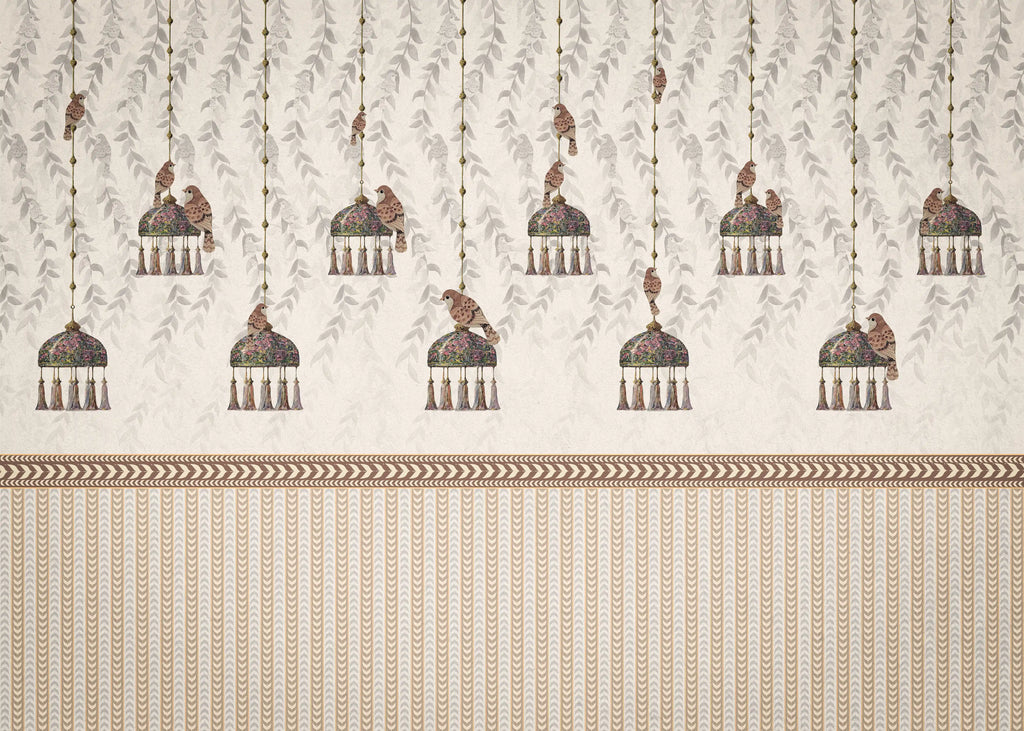 Decorative wallpaper with hanging bird and flower design on a beige background