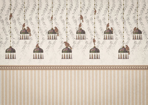 Decorative wallpaper with hanging bird and flower design on a beige background