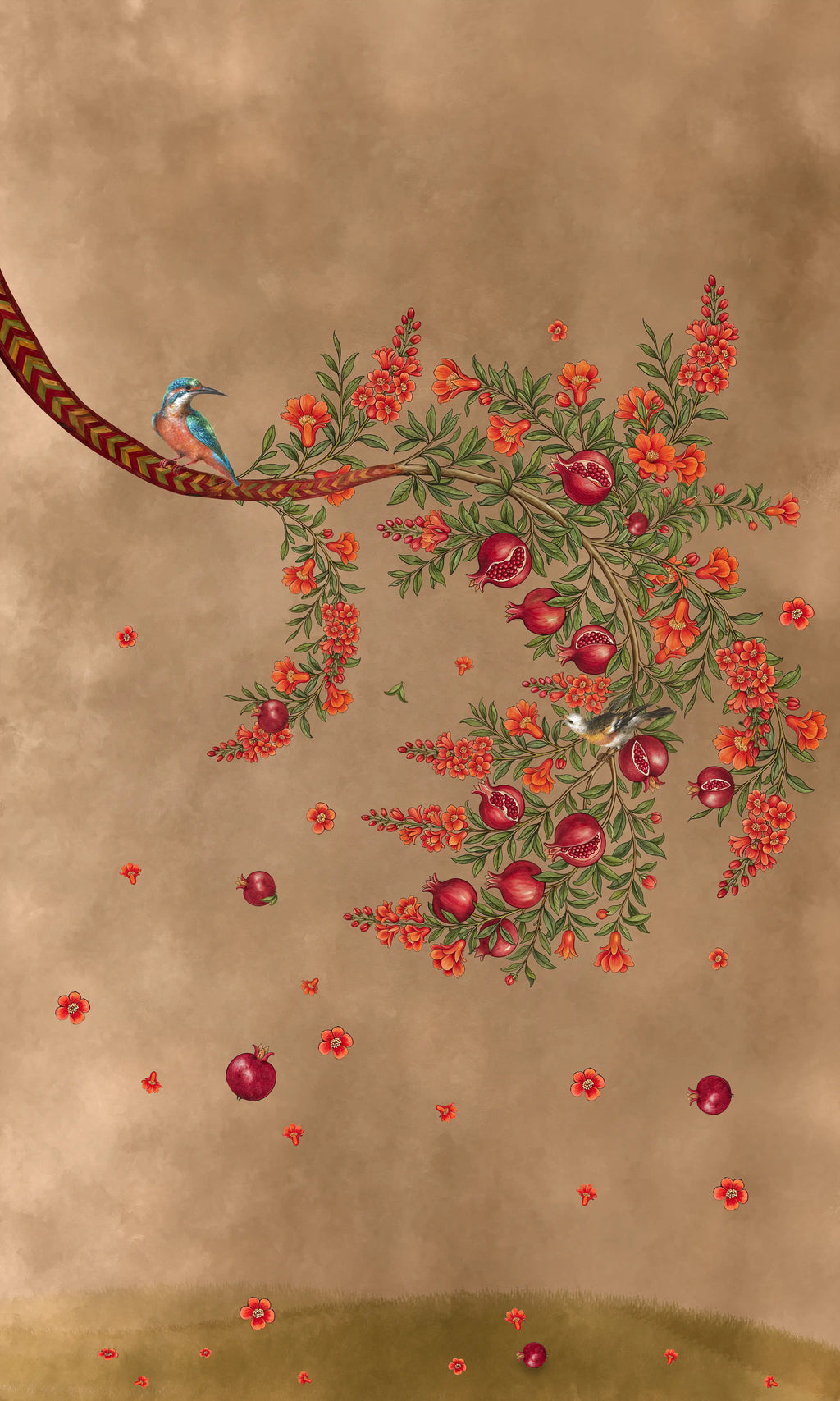 Illustration of a snake climbing a tree with pomegranates and a bird on a textured brown background