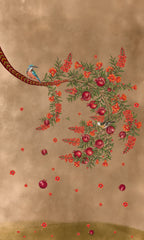 Illustration of a snake climbing a tree with pomegranates and a bird on a textured brown background