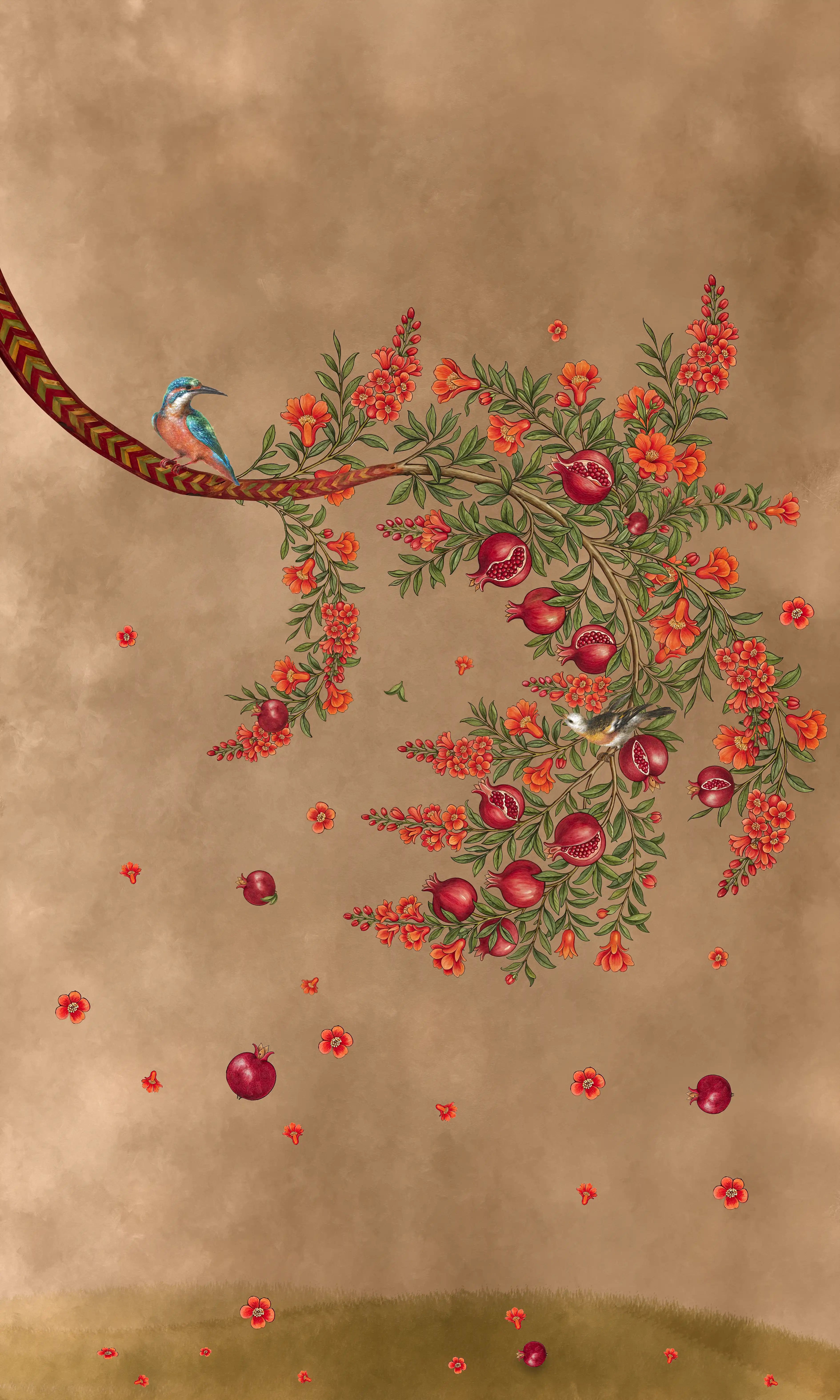 Illustration of a snake climbing a tree with pomegranates and a bird on a textured brown background