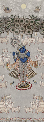 Decorative artwork with a central figure surrounded by animals and nature elements on a patterned background.