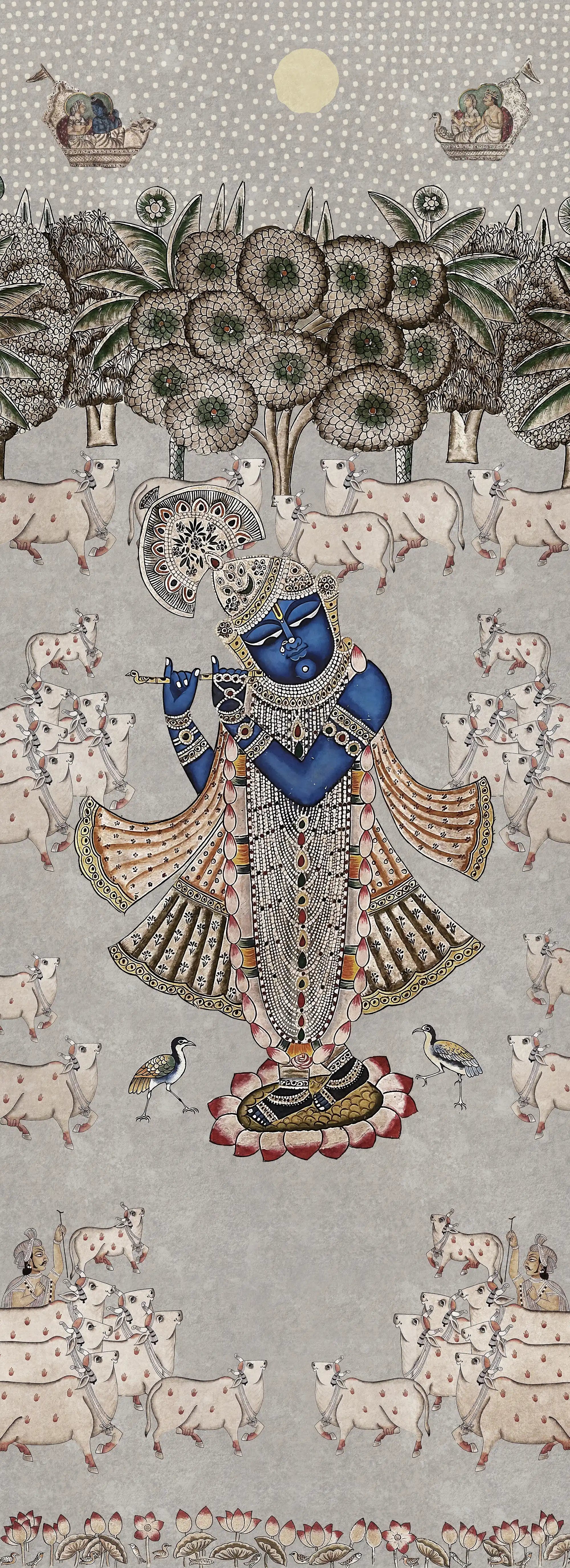 Decorative artwork with a central figure surrounded by animals and nature elements on a patterned background.