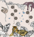 Illustration of a tiger among plants and animals on a beige background