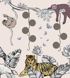 Illustration of a tiger among plants and animals on a beige background