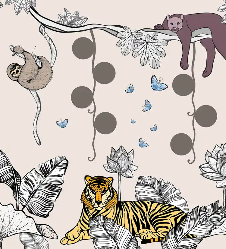 Illustration of a tiger among plants and animals on a beige background