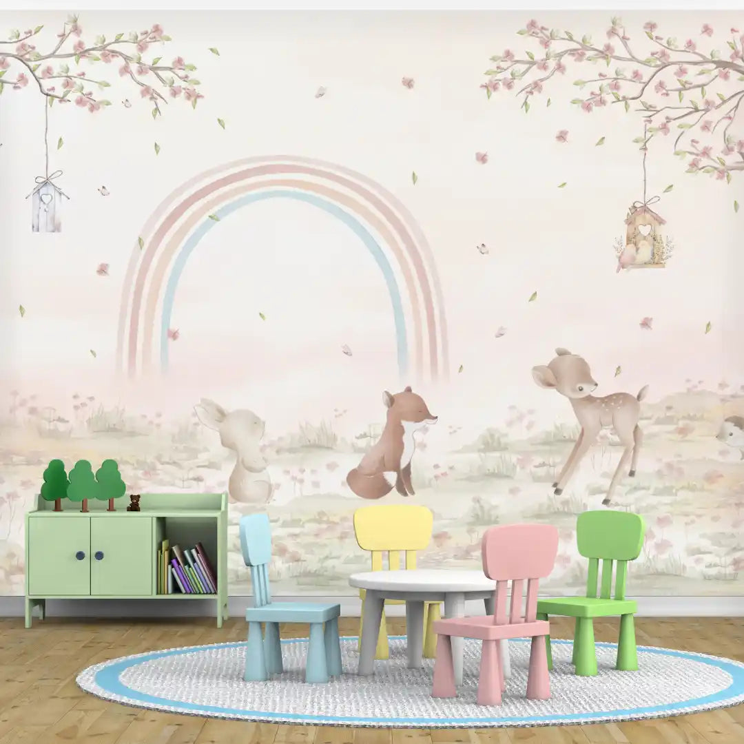 Children's playroom with colorful furniture against a wall with a rainbow and animal illustrations.