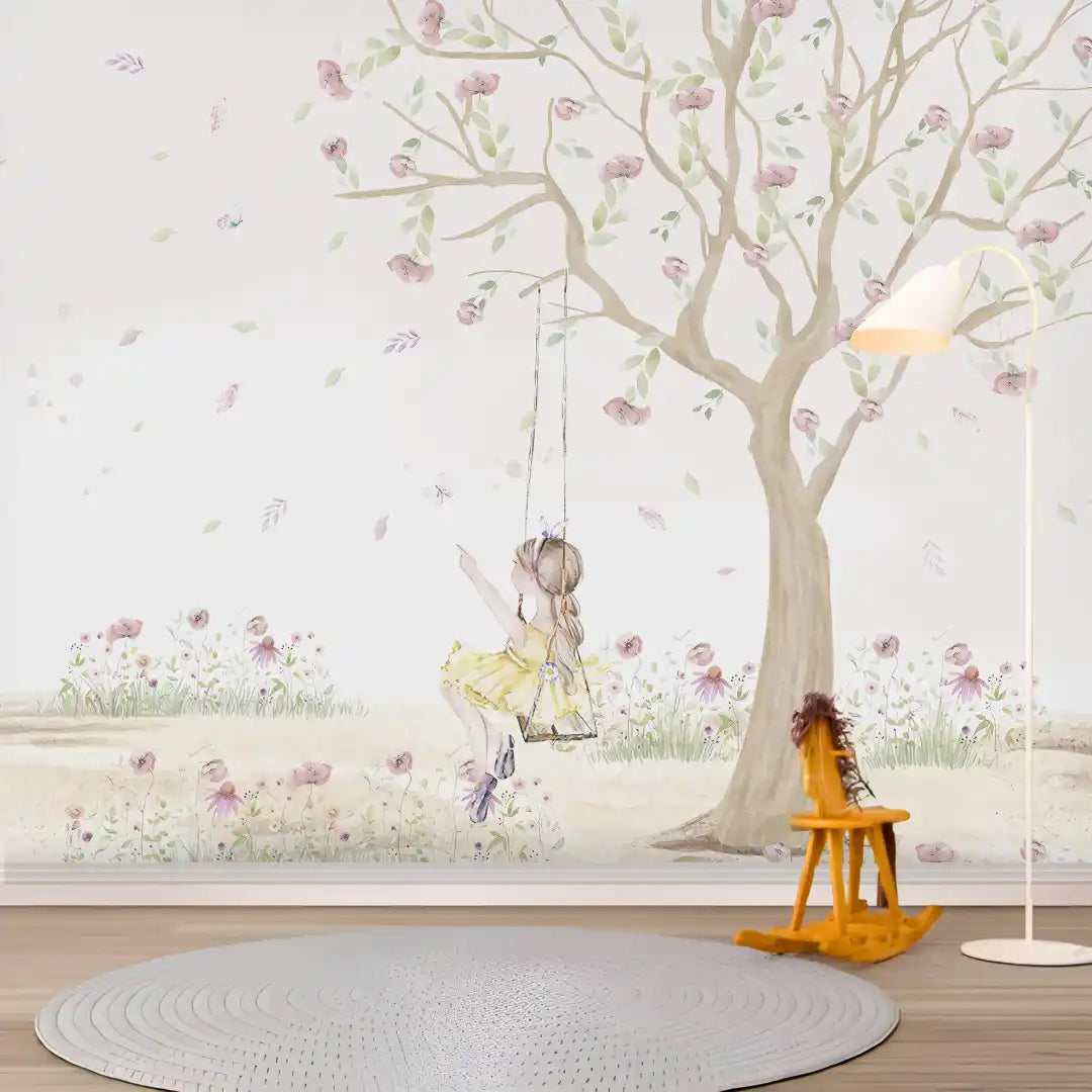 Children's room with tree wall decal, swing, and rocking horse.
