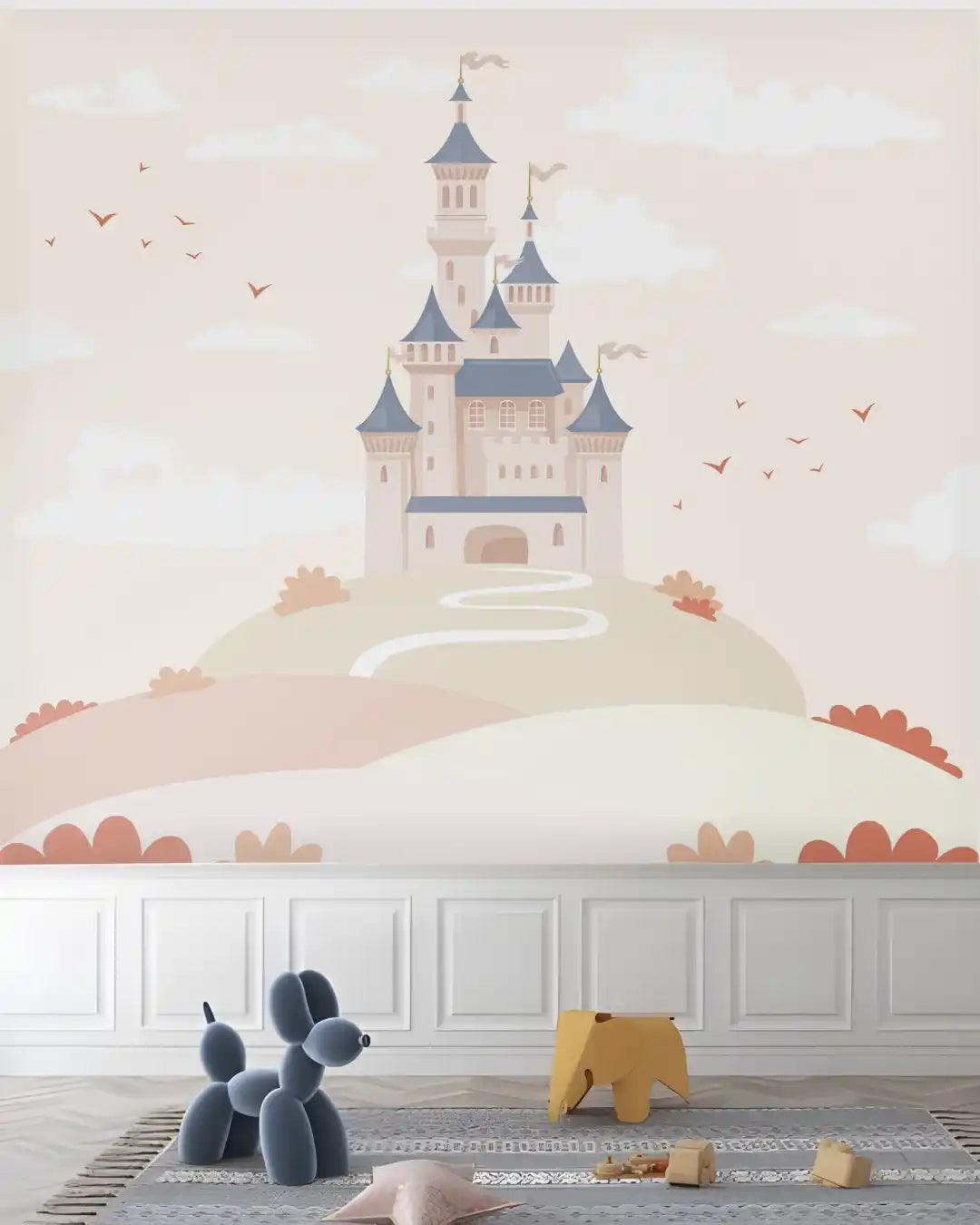 Children's playroom with colorful furniture against a wall with a rainbow and animal illustrations.